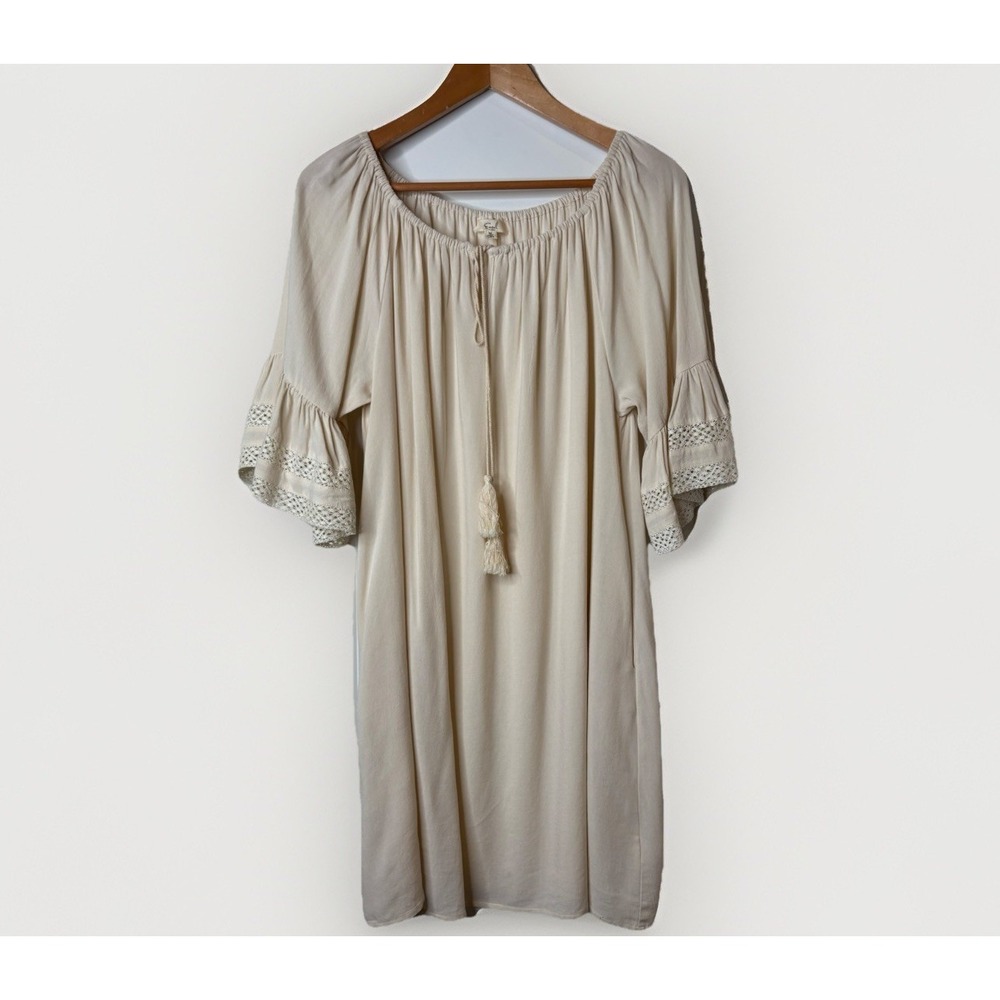 Easel Babydoll Mini Dress Sz Medium Tassel Boho Cottage Linen Blend